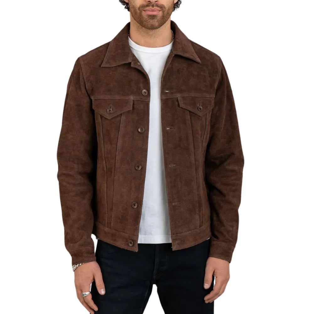 James  Men's Shirt Collar Dark Brown Suede Leather Trucker Jacket