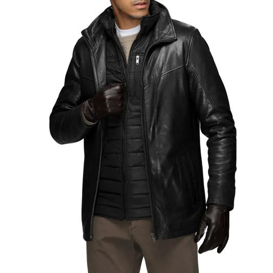 Men’s Genuine Lamb Leather Walking Coat with Detachable Quilted Vest