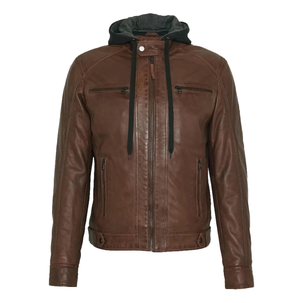 Men's Mocca Brown Leather Bomber Jacket with Removable Hood