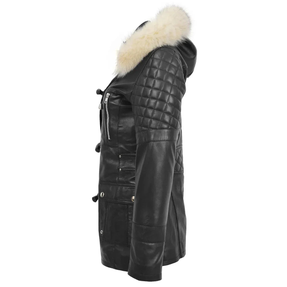 Women’s Sheepskin Black Leather Duffle Coat with Removable Sherpa Hood