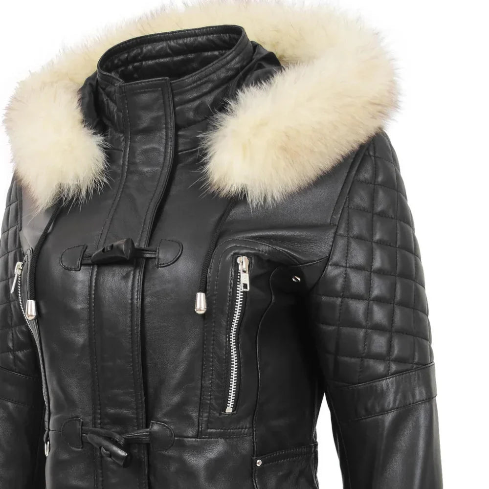 Women’s Sheepskin Black Leather Duffle Coat with Removable Sherpa Hood