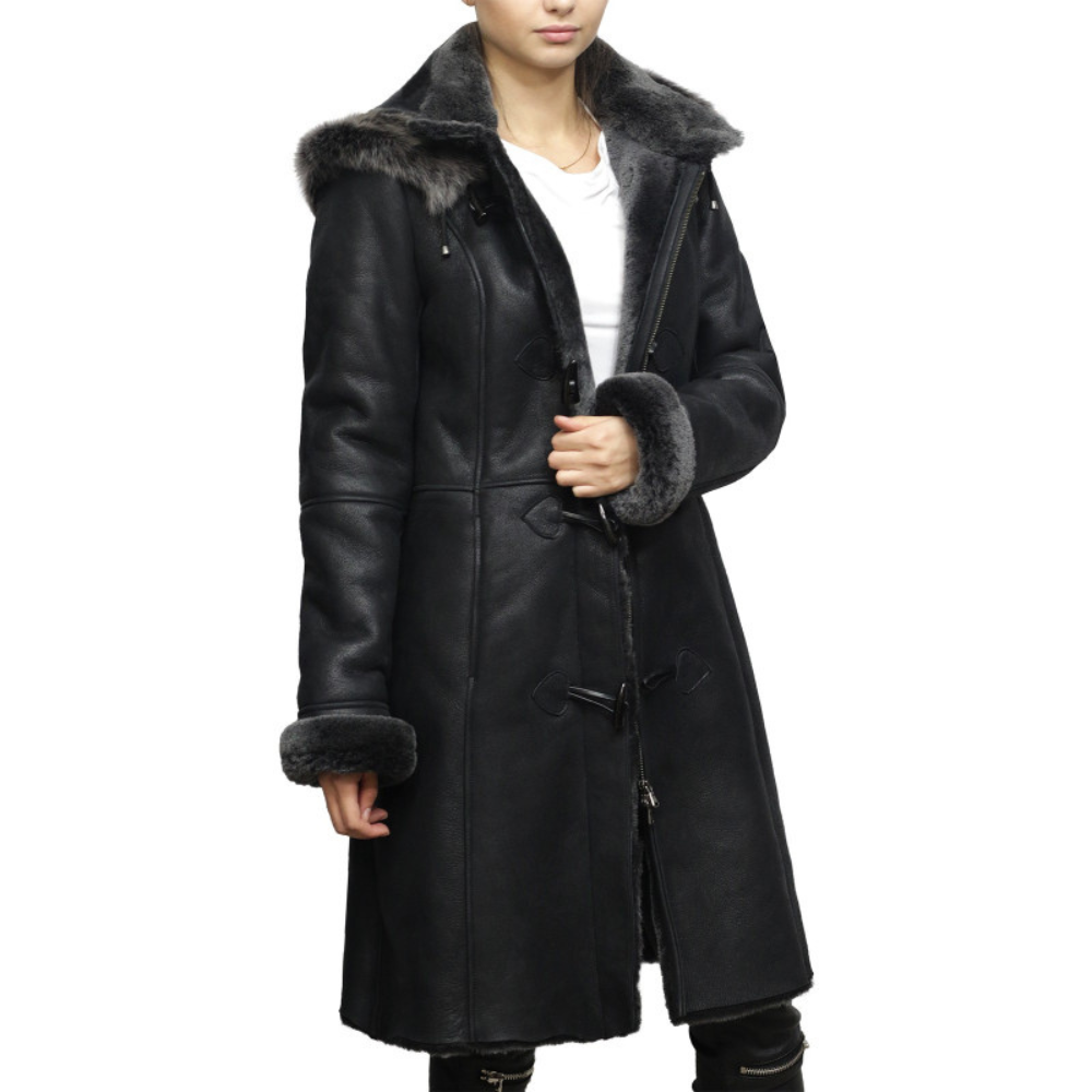 Women's Black Sheepskin Duffle Coat With Detachable Hood