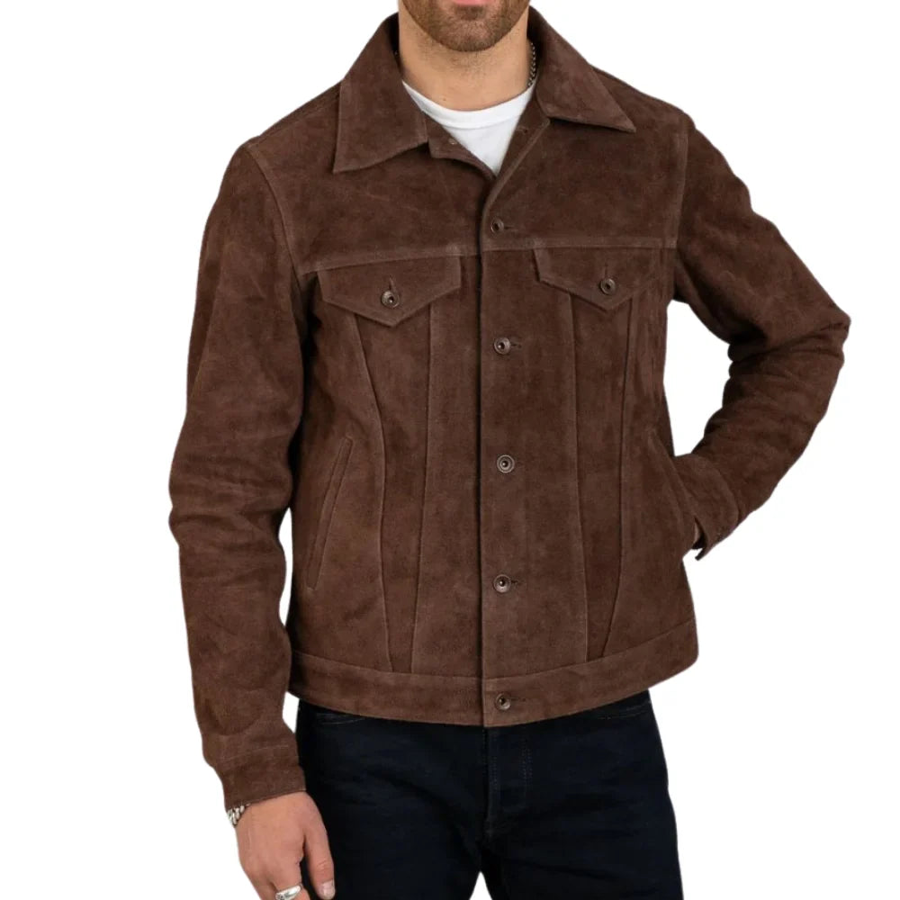 James  Men's Shirt Collar Dark Brown Suede Trucker Jacket