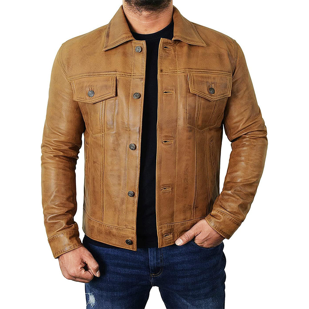 Men's Camel Brown Trucker  Leather Jacket