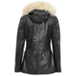 Women’s Sheepskin Black Leather Duffle Coat with Removable Sherpa Hood