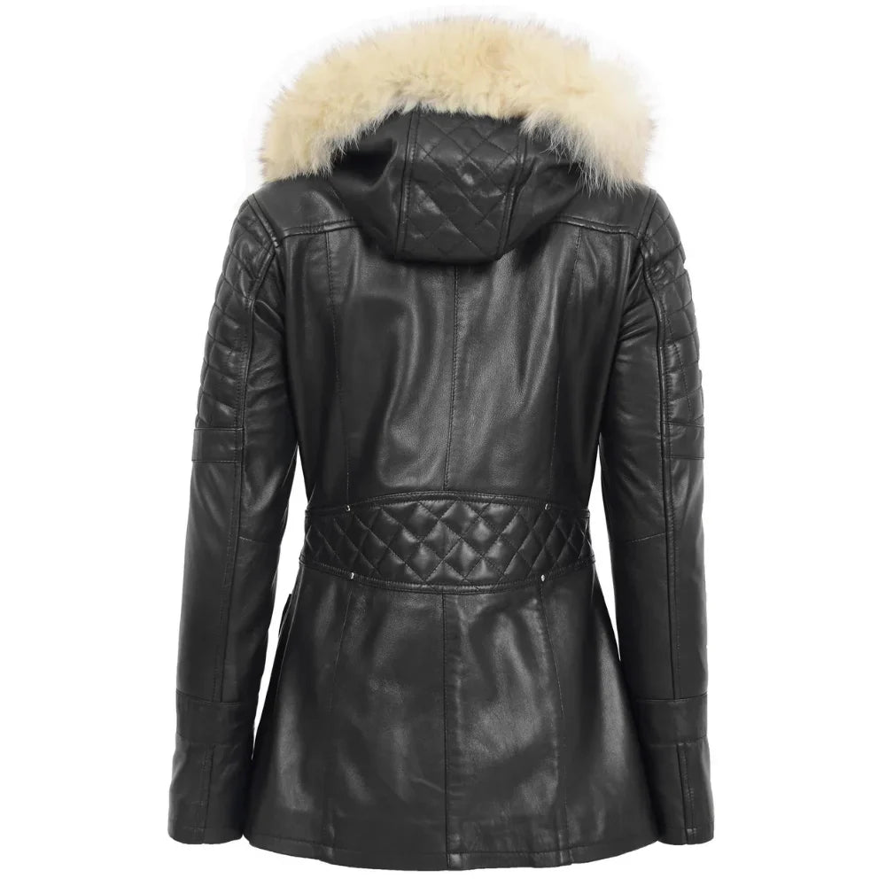 Women’s Sheepskin Black Leather Duffle Coat with Removable Sherpa Hood