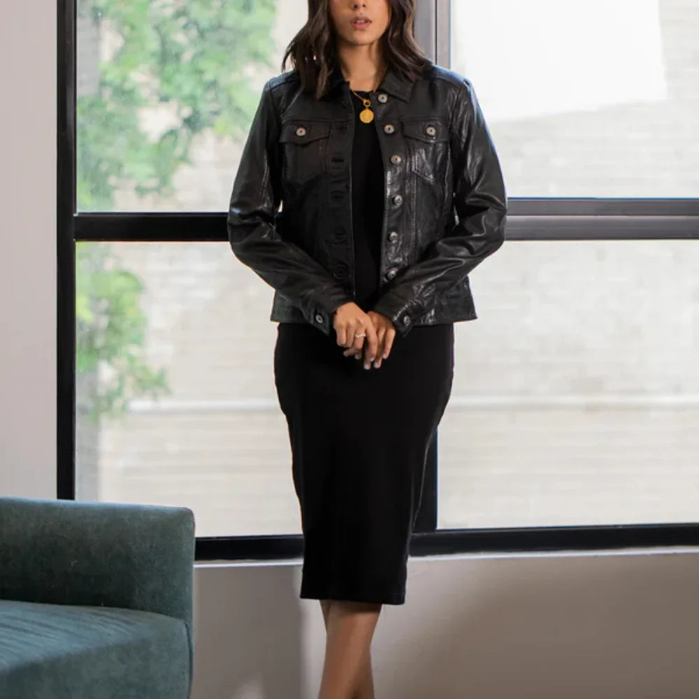 Women’s Classic Black Leather Trucker Jacket