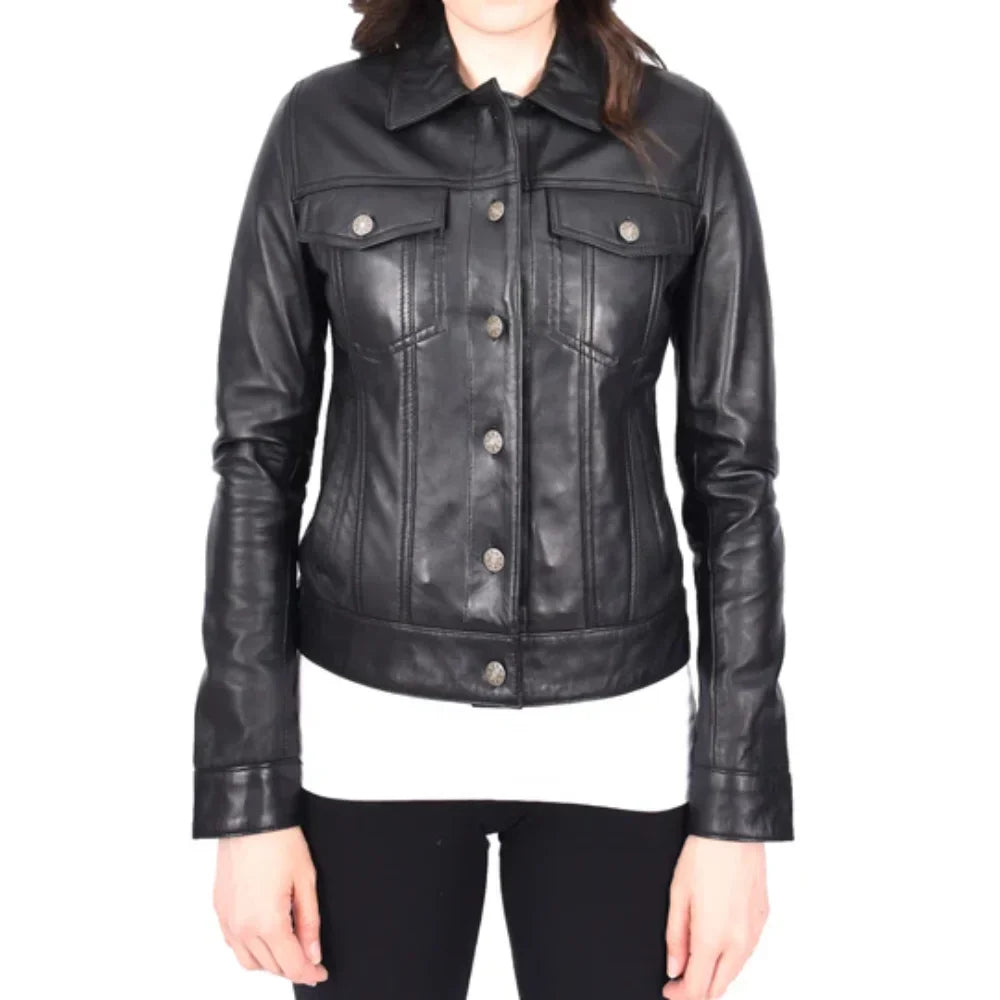 Women’s Classic Black Leather Trucker Jacket