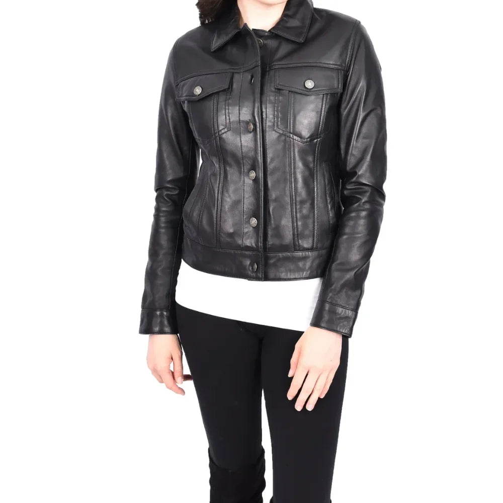 Women’s Classic Black Leather Trucker Jacket