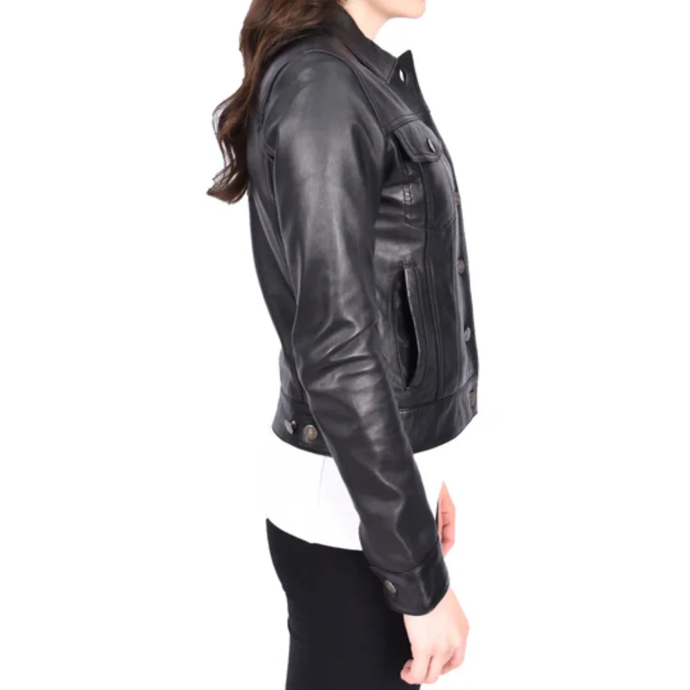 Women’s Classic Black Leather Trucker Jacket