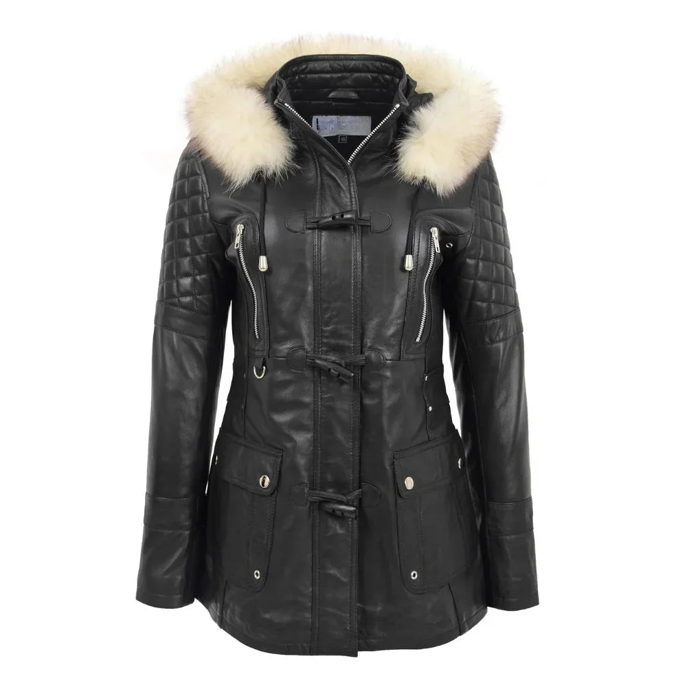 Women’s Sheepskin Black Leather Duffle Coat with Removable Sherpa Hood