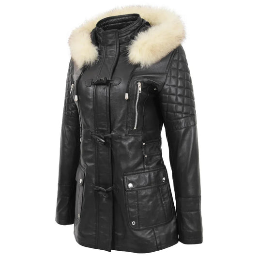 Women’s Sheepskin Black Leather Duffle Coat with Removable Sherpa Hood