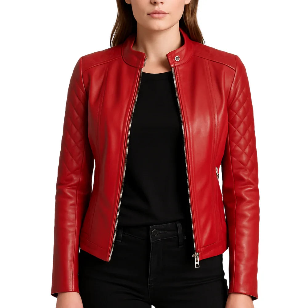 Women's Quilted Real Leather Red Racer Jacket