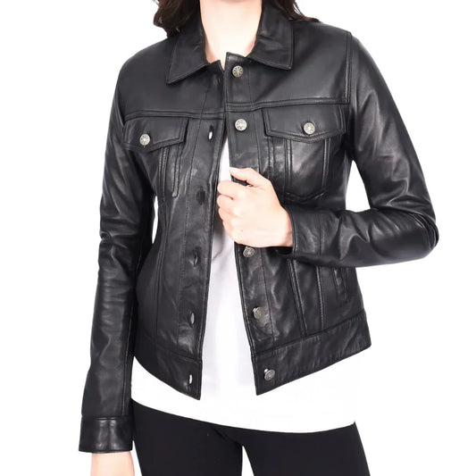 Women’s Classic Black Leather Trucker Jacket
